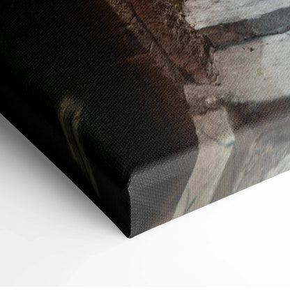 Close-up of textured canvas wall art featuring detailed architectural digital design on stretched frame.