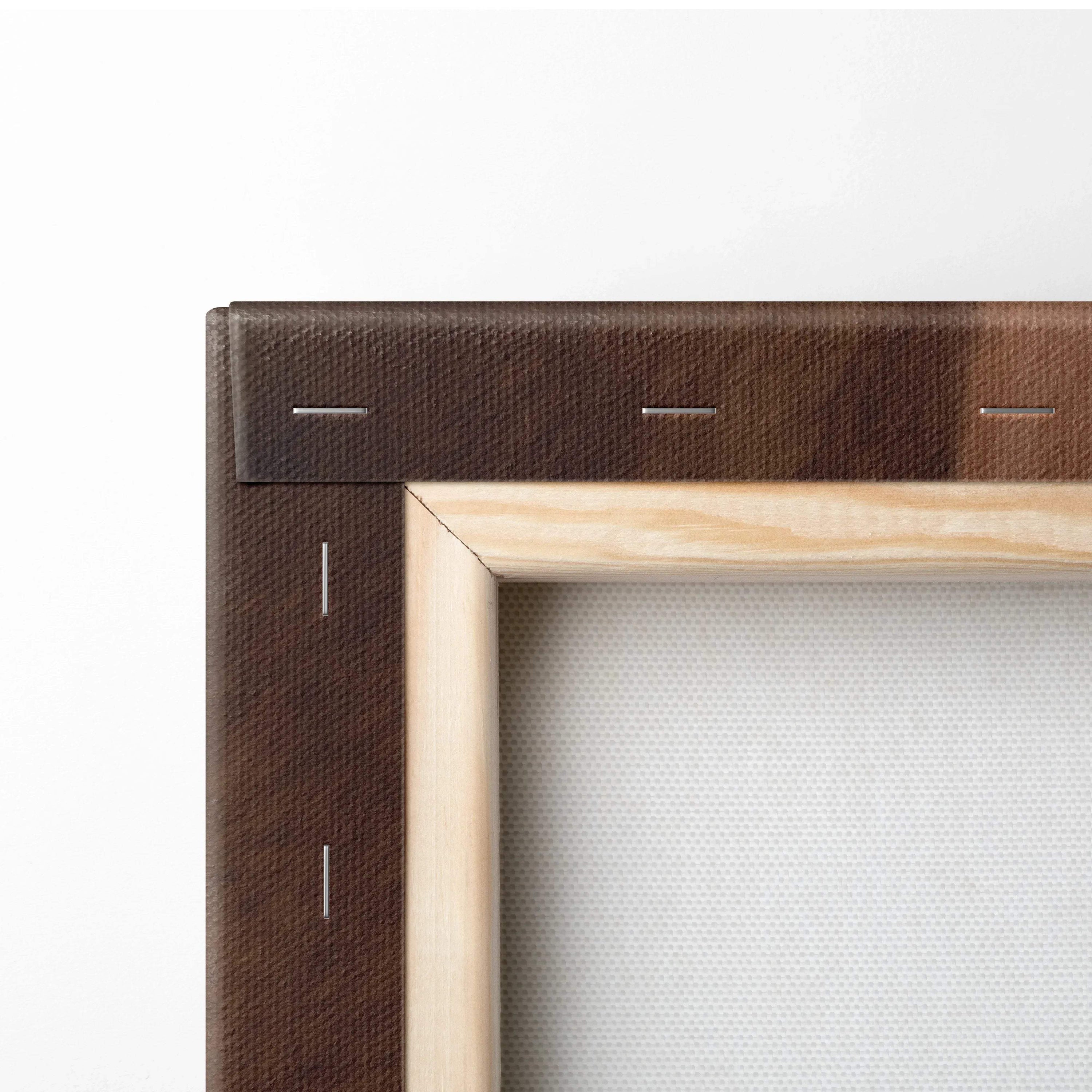 Close-up of canvas art print corner with natural wooden frame and dark brown textured backing material with visible staples.