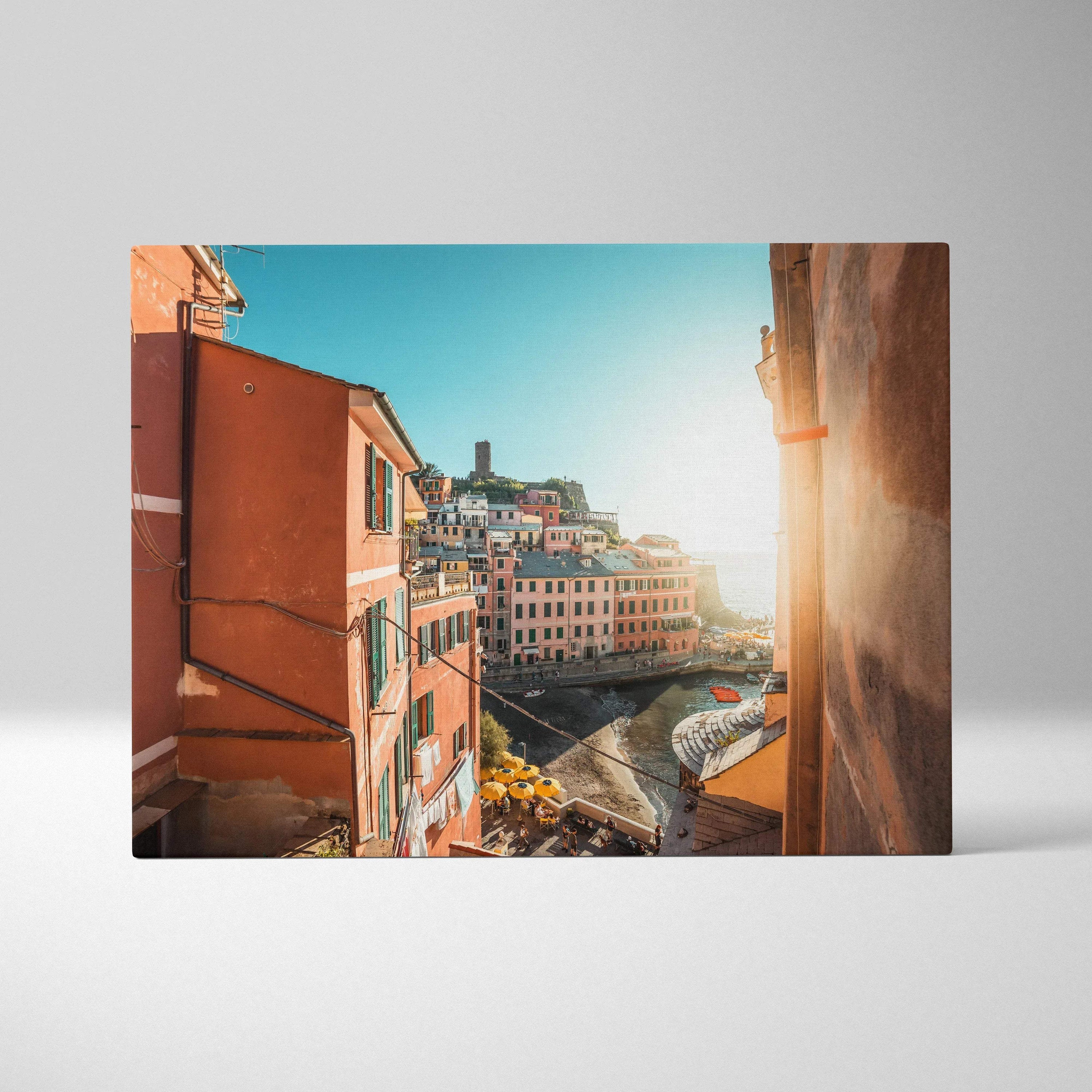 Canvas art featuring vibrant, sunlit Mediterranean buildings in warm tones for wall art decor.