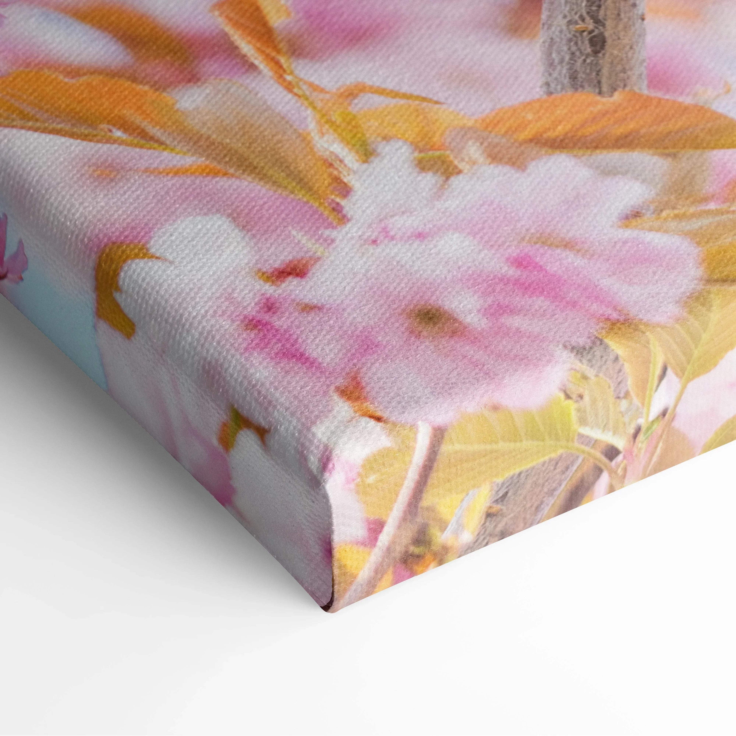 Vibrant pink flower canvas wall art with soft yellow and green foliage decor on 1.5" thick frame.