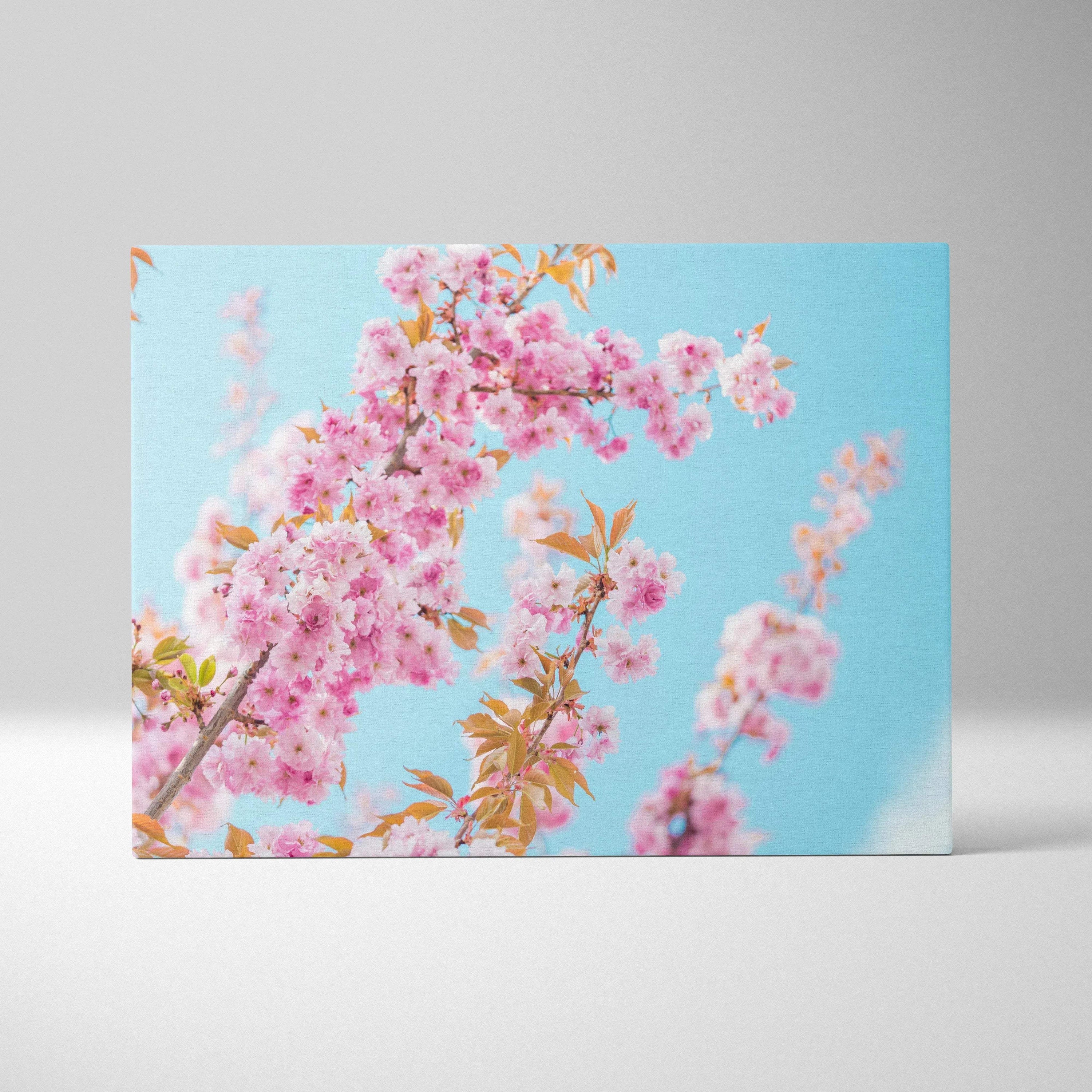 Vibrant pink flower floral canvas wall art with bright blue sky background for elegant decor.