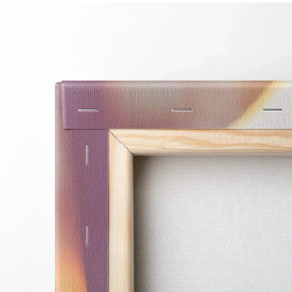 Close-up of canvas wall art corner with wooden stretcher bars and floral print edge in purple and beige tones.