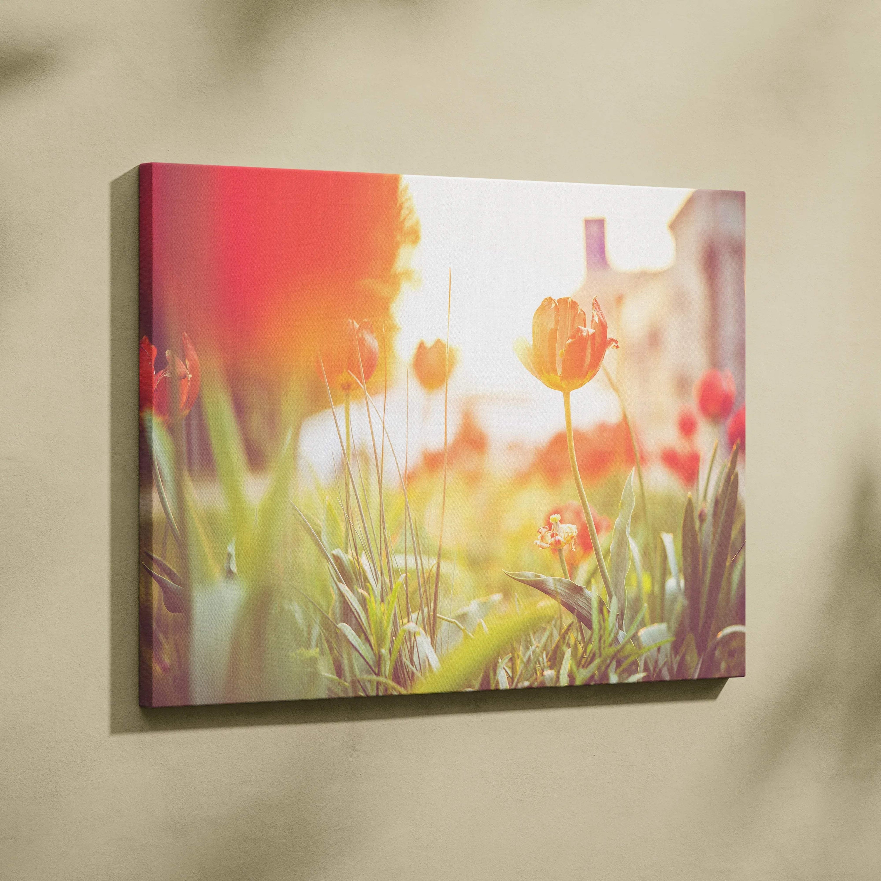 Vivid red tulips with green stems on canvas wall art print featuring bright floral decor.