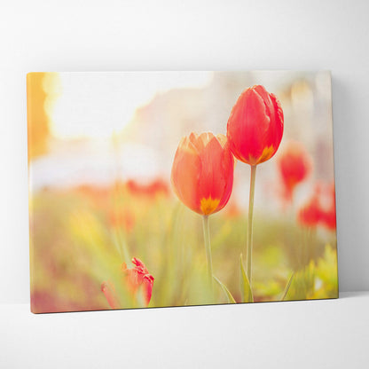 Red tulips floral canvas wall art with soft focus and warm lighting for elegant decor.