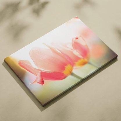 Vibrant red tulips close-up canvas wall art with soft focus and pastel background decor.
