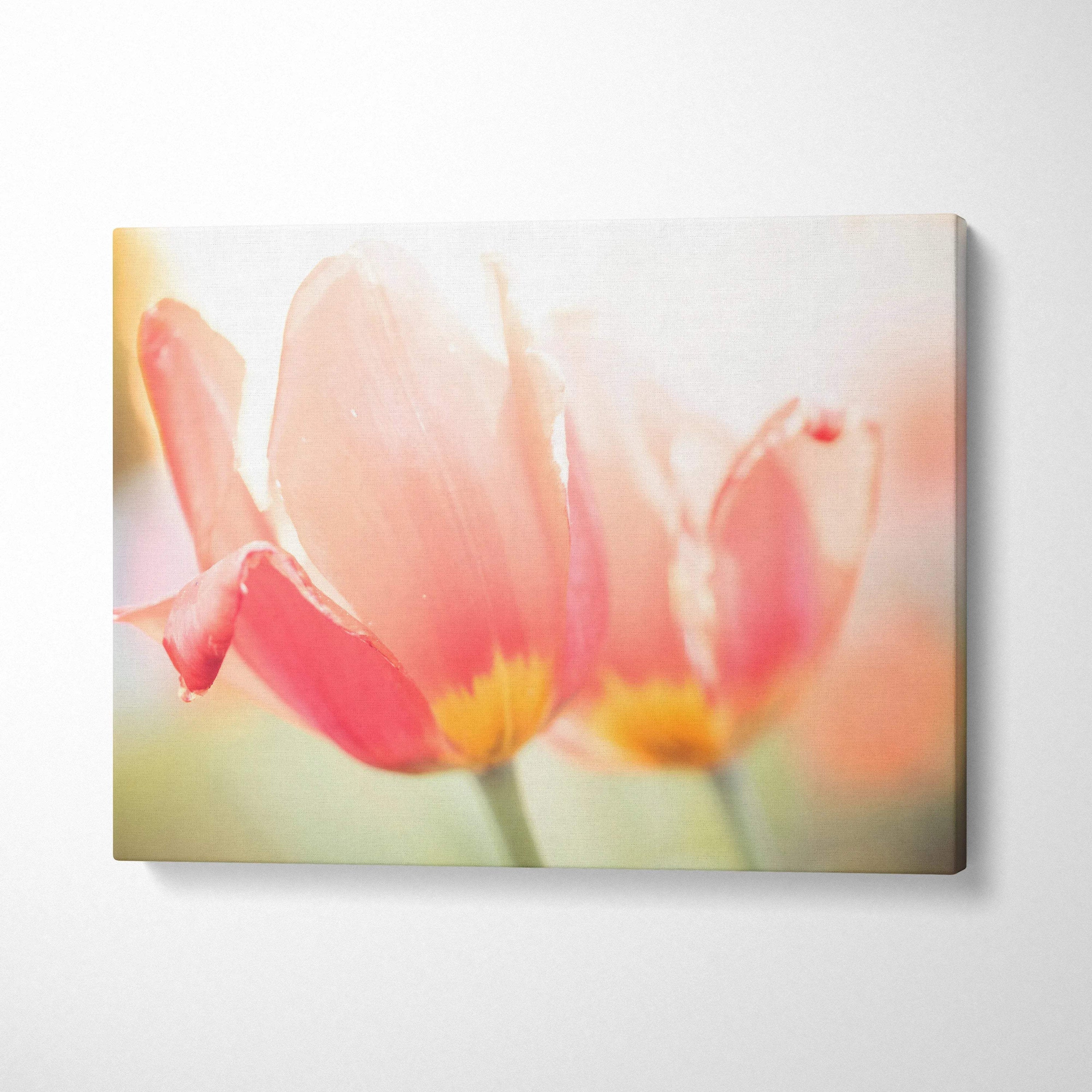 Vibrant red tulips close-up on soft-focus canvas wall art for home decor.
