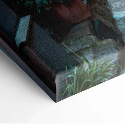 Close-up of vibrant architecture canvas art with rich colors and textured wall art finish.