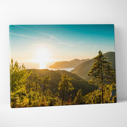 Canvas print of Italian Riviera near Cinque Terre at sunset with mountains