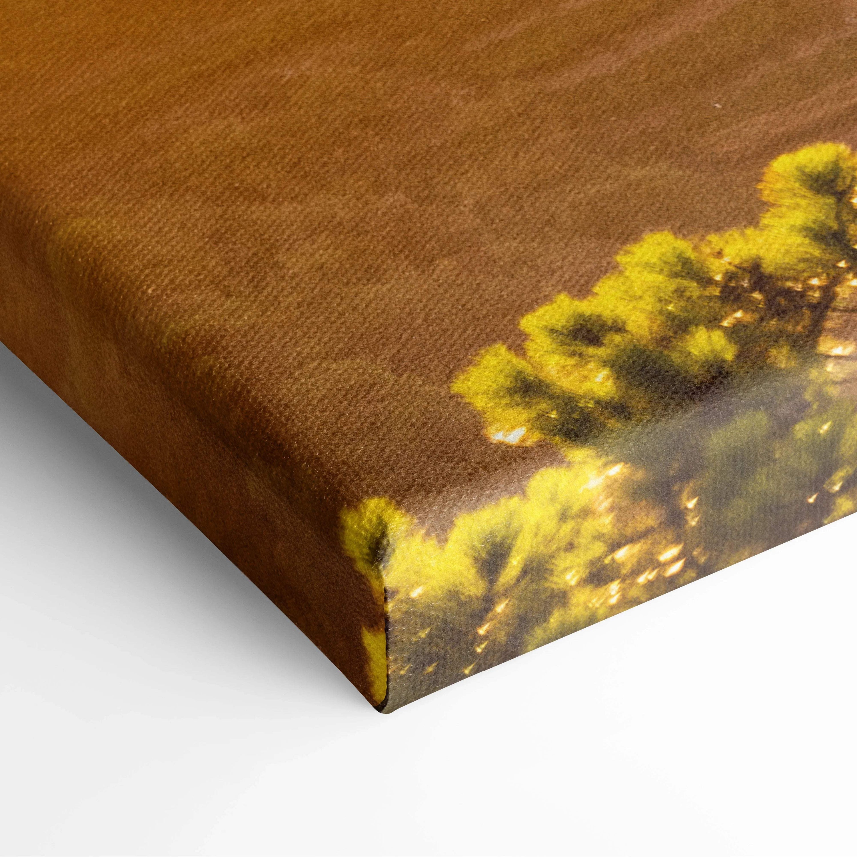 Brown canvas print of vibrant yellow tree on Italian Riviera near Cinque Terre at sunset