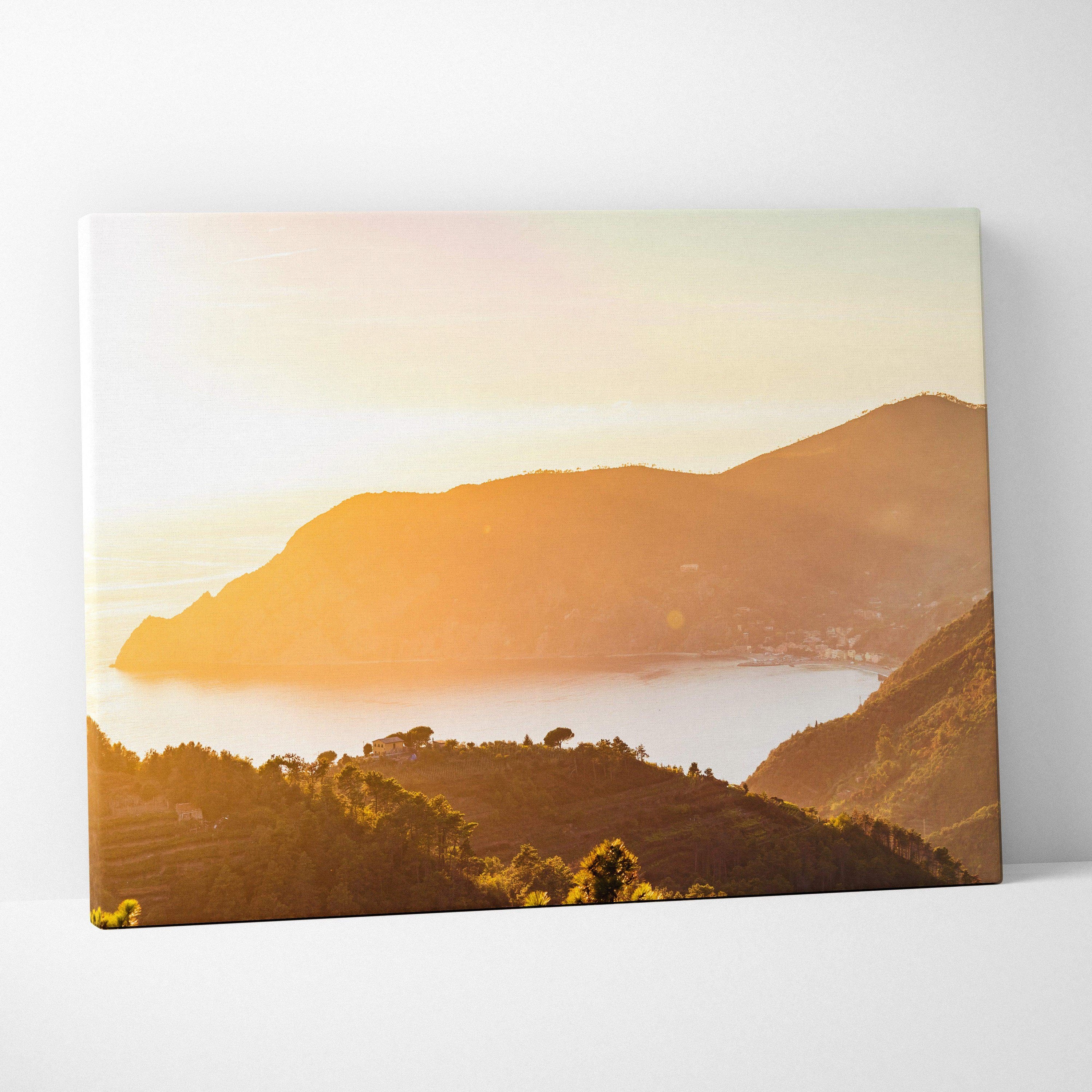 Italian Riviera near Cinque Terre sunset canvas print over hills and water