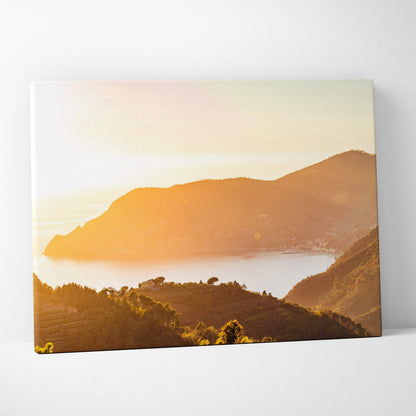 Italian Riviera near Cinque Terre sunset canvas print over hills and water