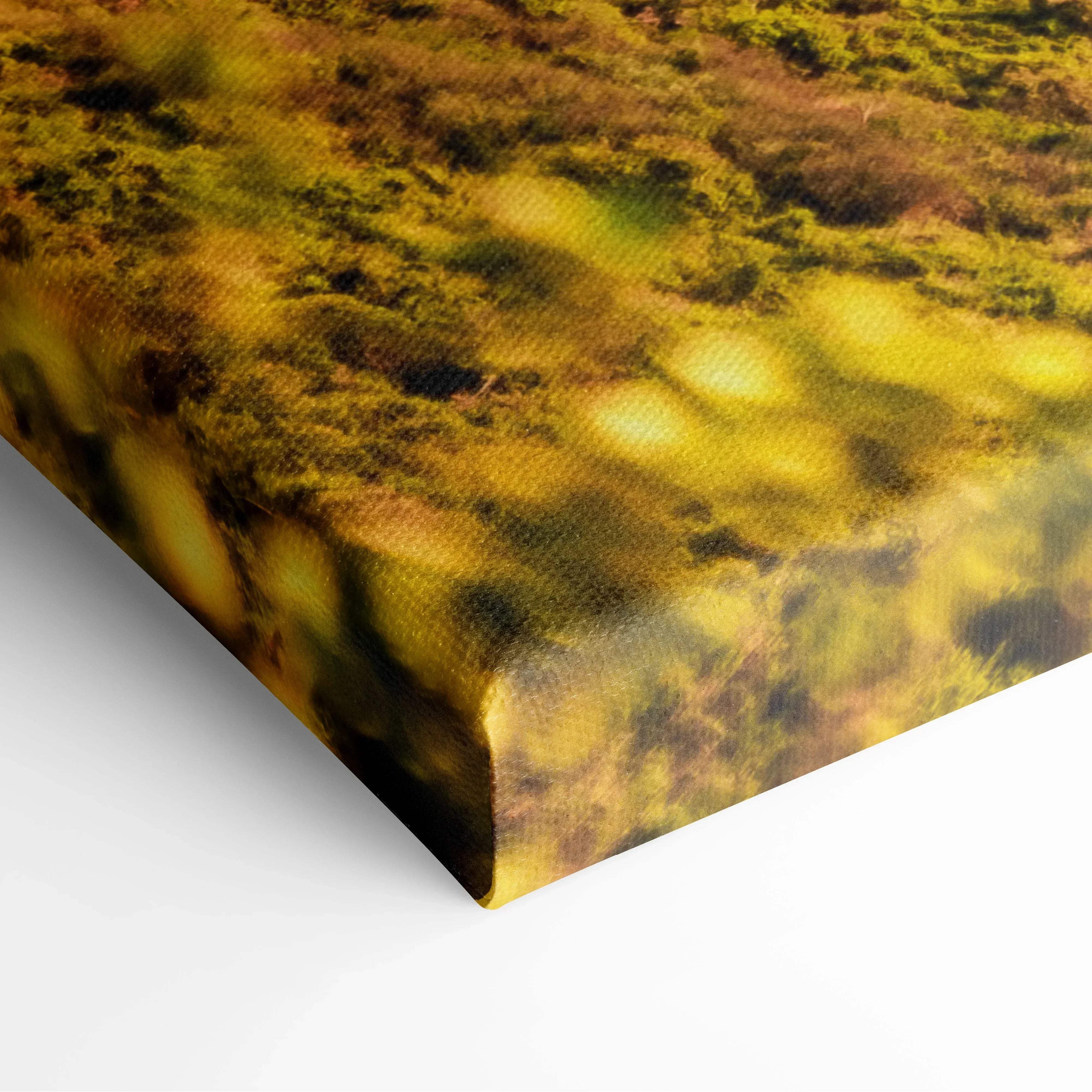 A textured canvas print featuring a vibrant abstract pattern in yellow and brown hues for wall art decor