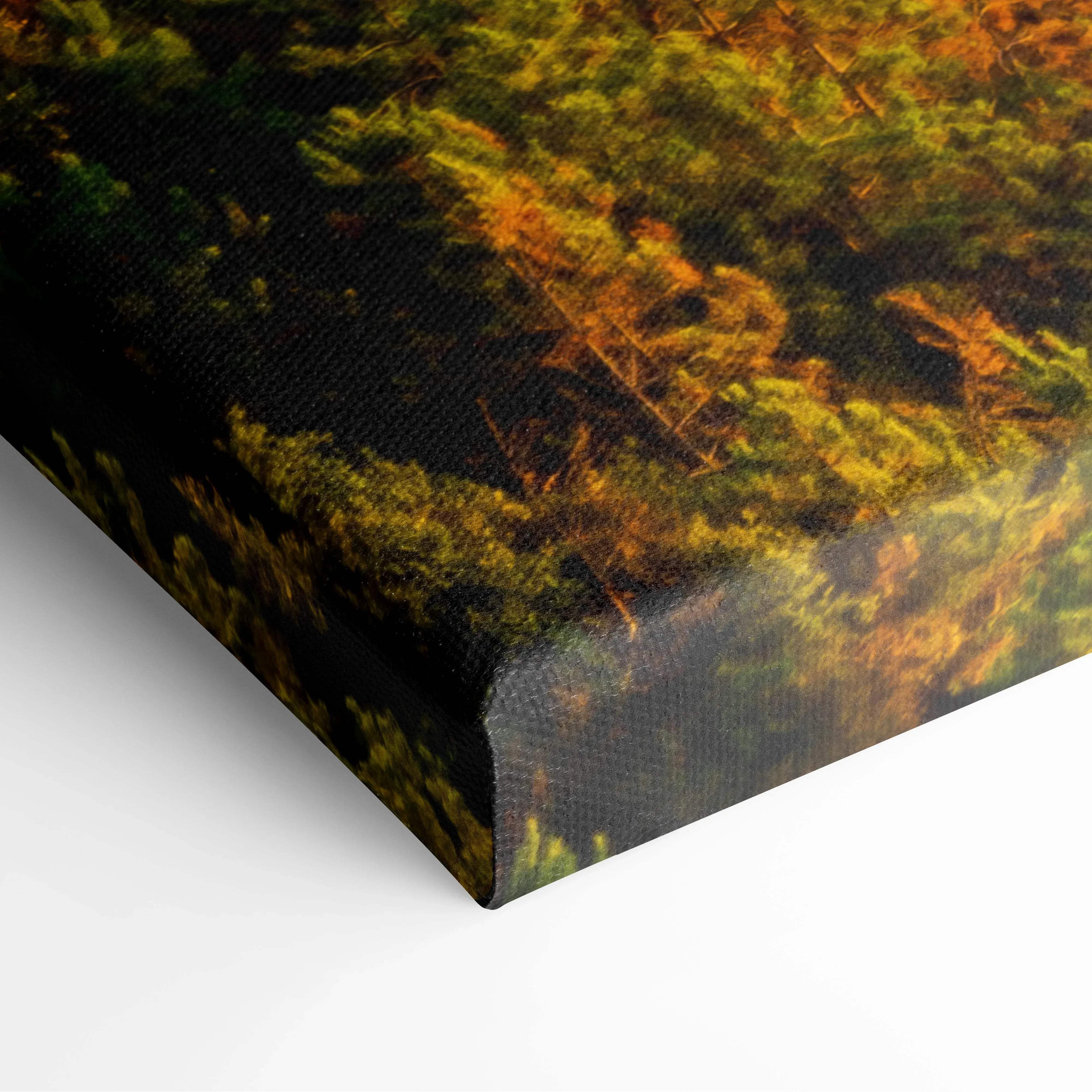 Canvas print featuring vibrant green and orange forest foliage titled architectural coastal cliffside village wall art with ocean vista