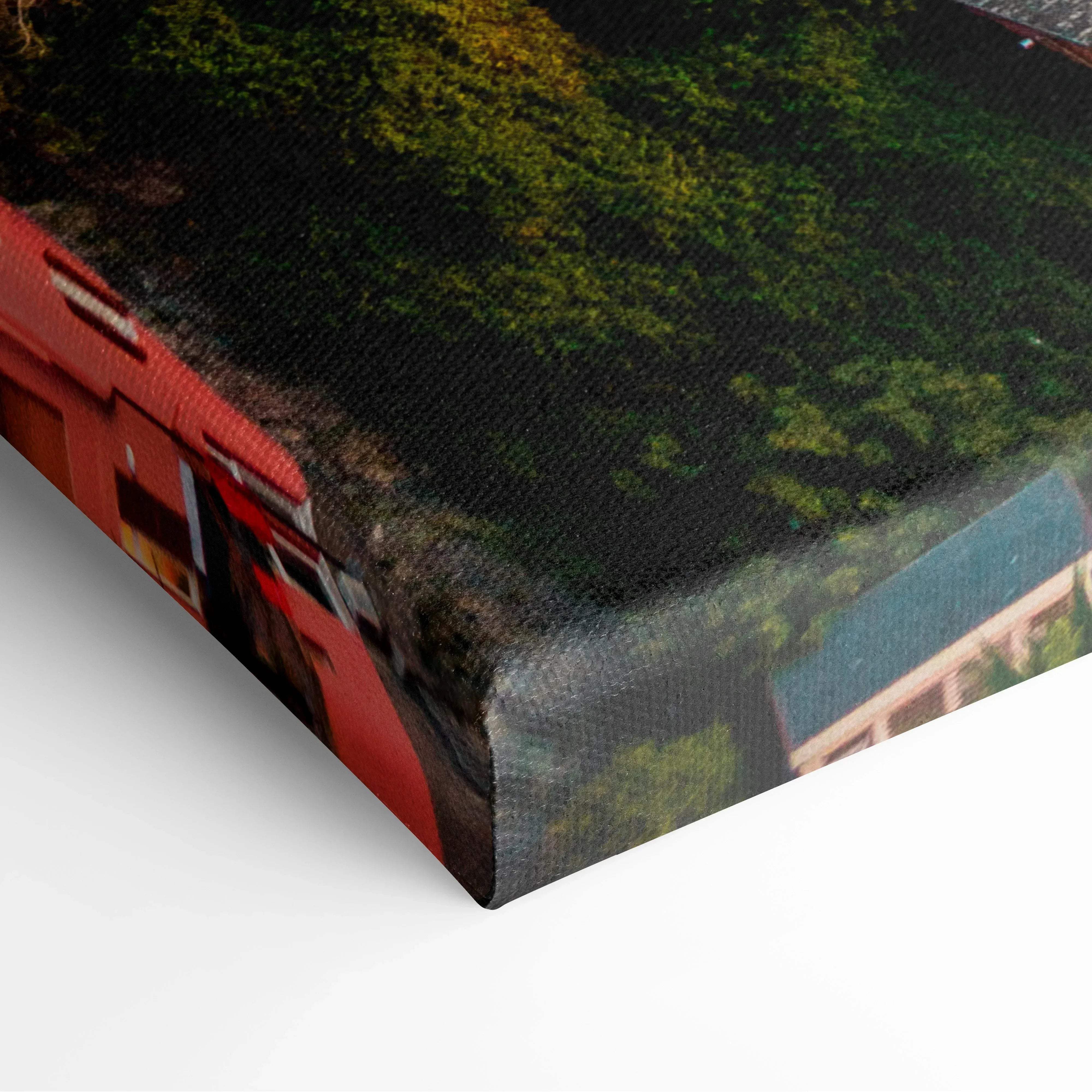 Mediterranean coastal village canvas wall art featuring a vibrant red train among lush green trees