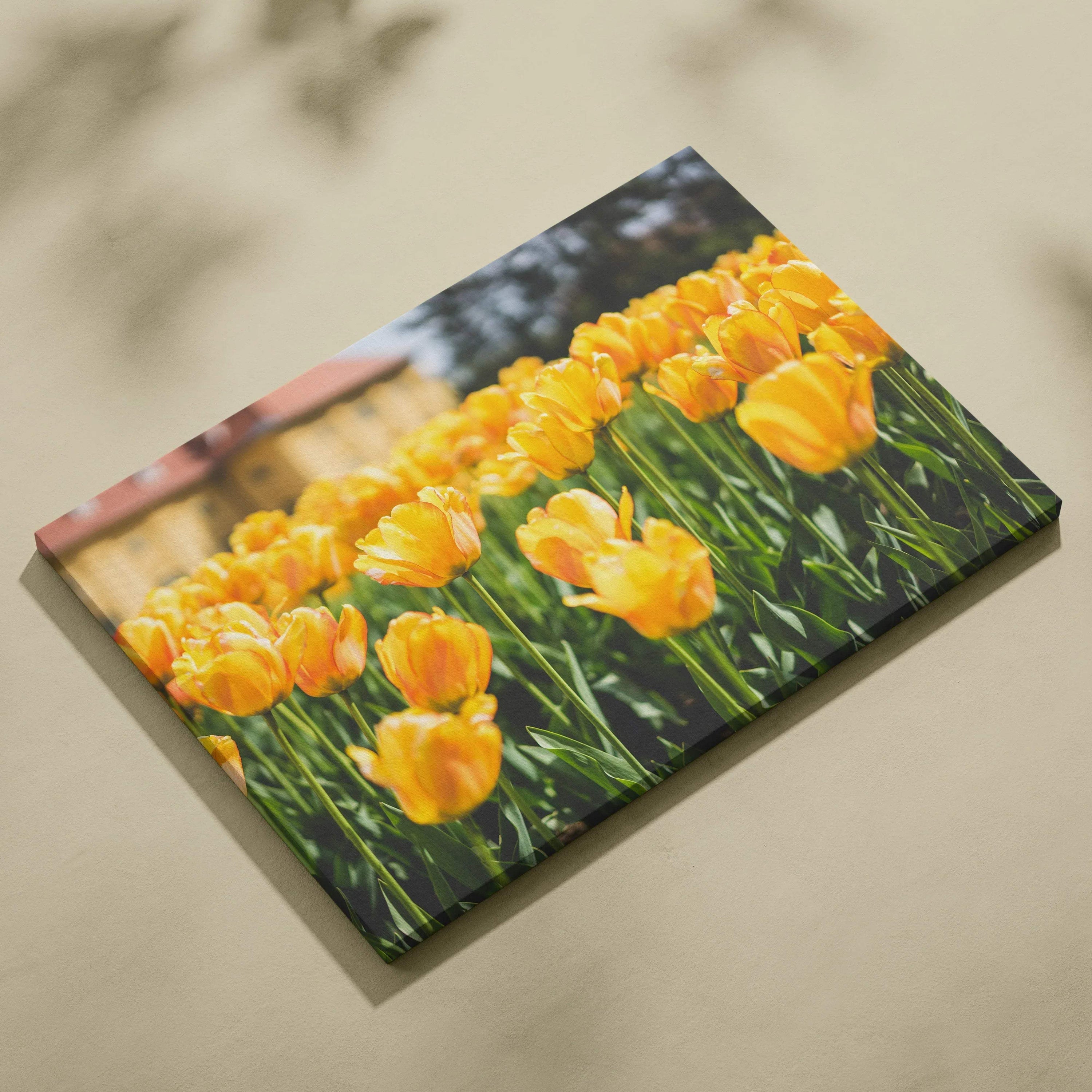 Yellow tulips canvas wall art with vibrant floral decor in horizontal layout.