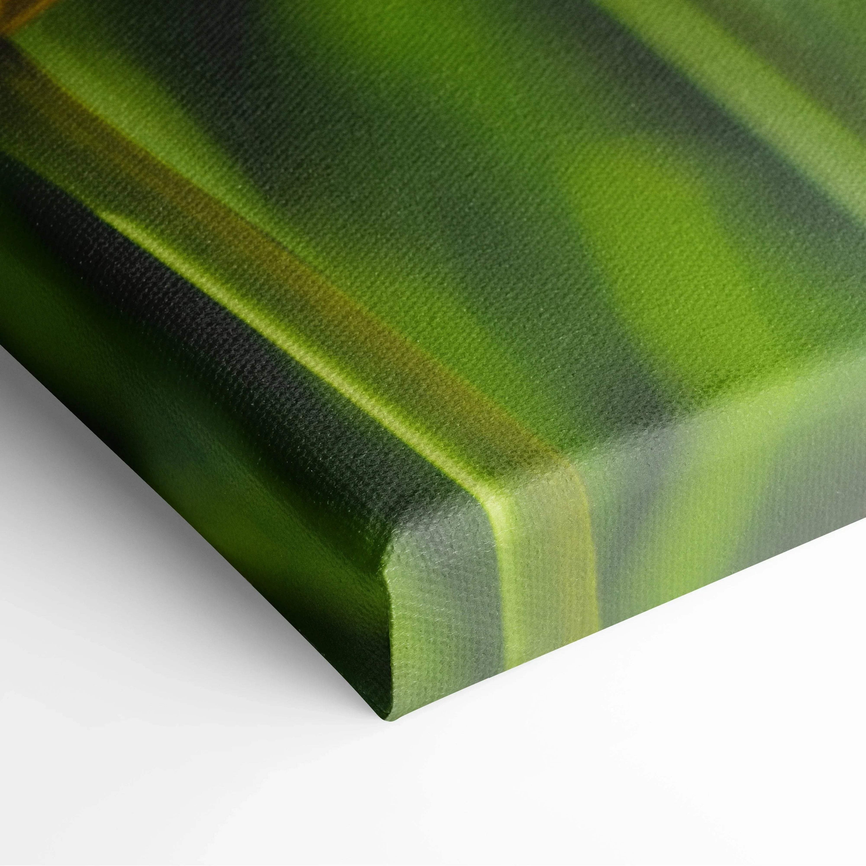 Close-up of vibrant yellow tulips on textured canvas wall art with rich green foliage for home decor.