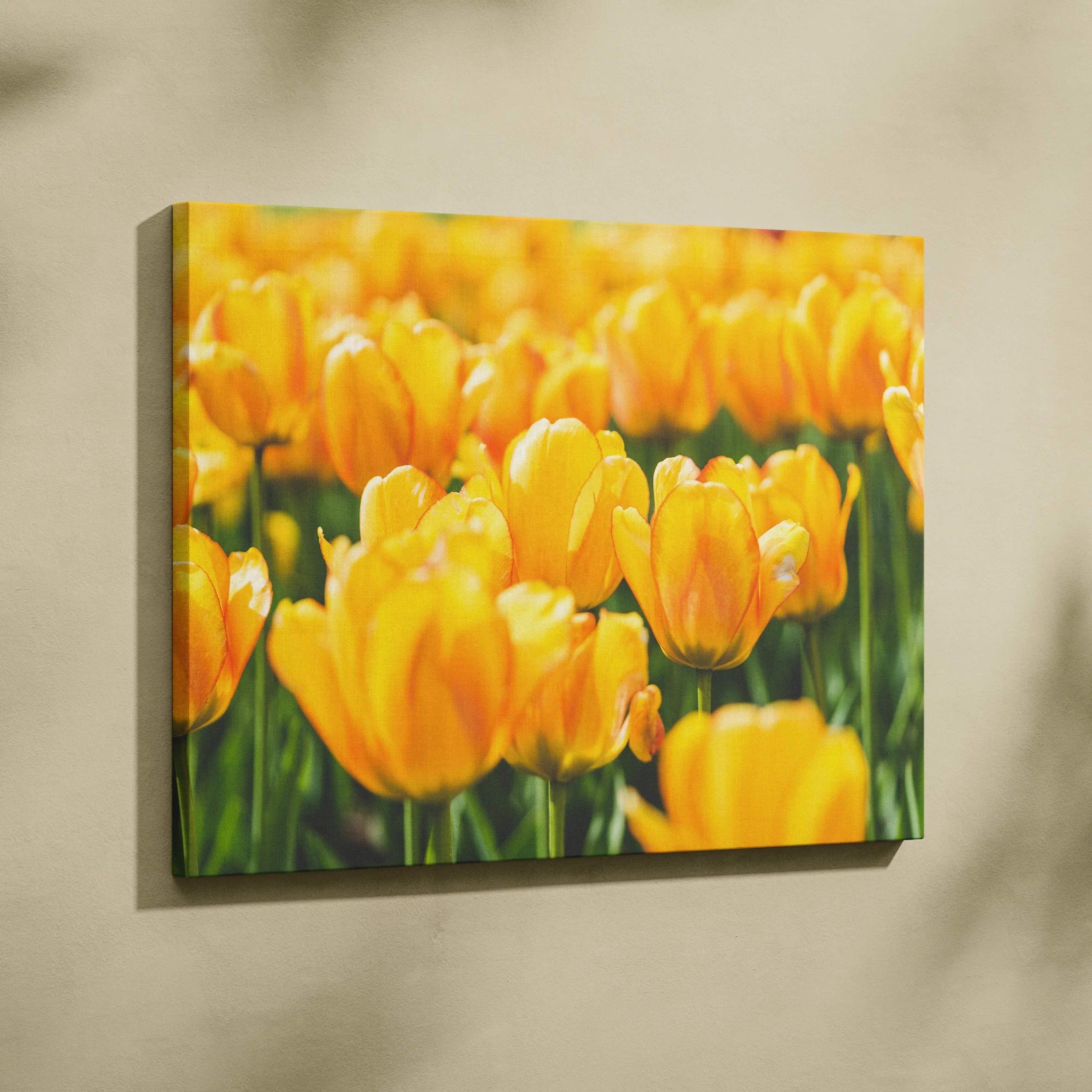 Vibrant yellow tulips close-up on canvas wall art for bright home decor.
