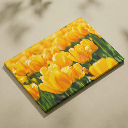 Vibrant yellow tulips close-up on canvas wall art with rich green stems and soft natural lighting decor.