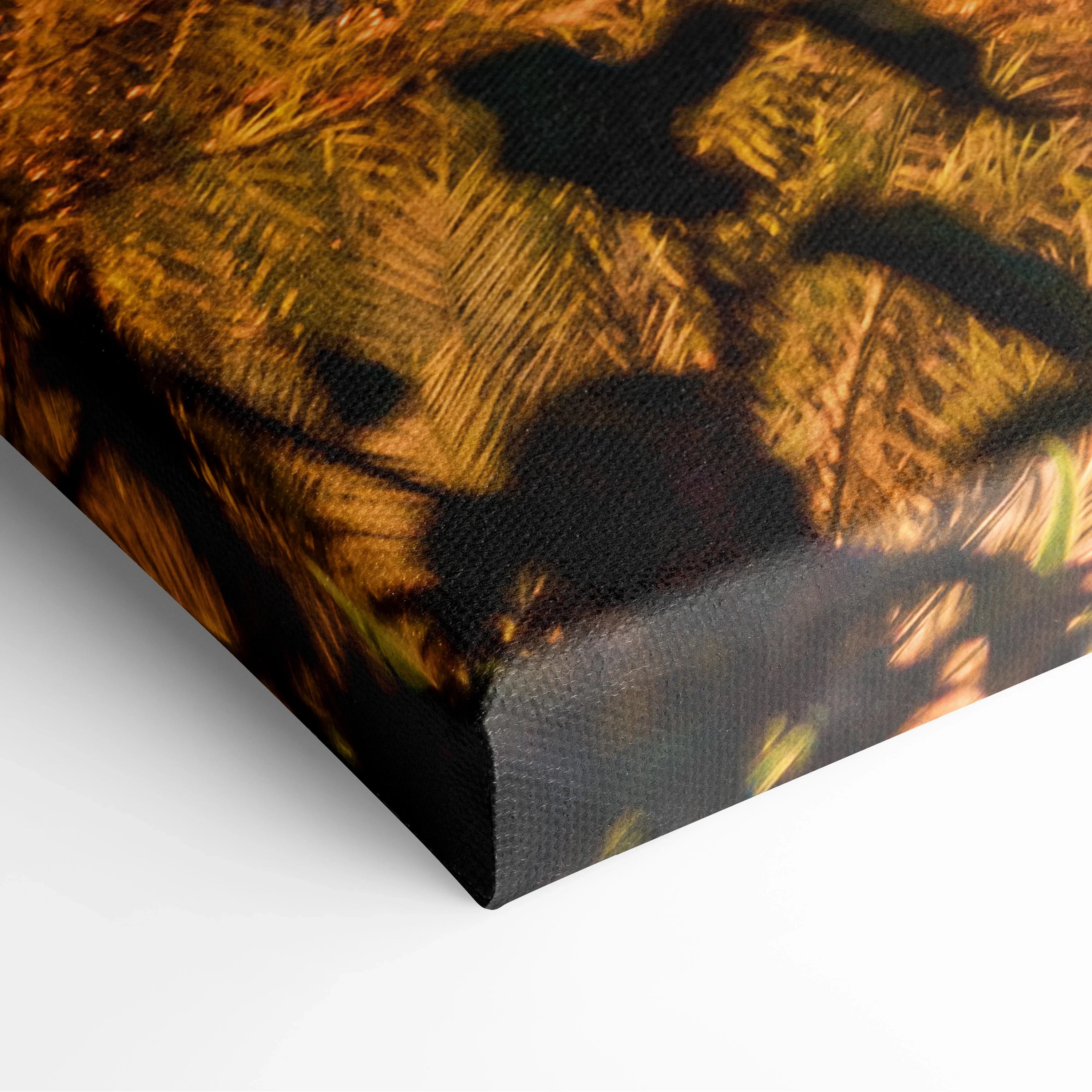 Close-up of a textured canvas wall art with dark and golden abstract ocean-inspired digital design.