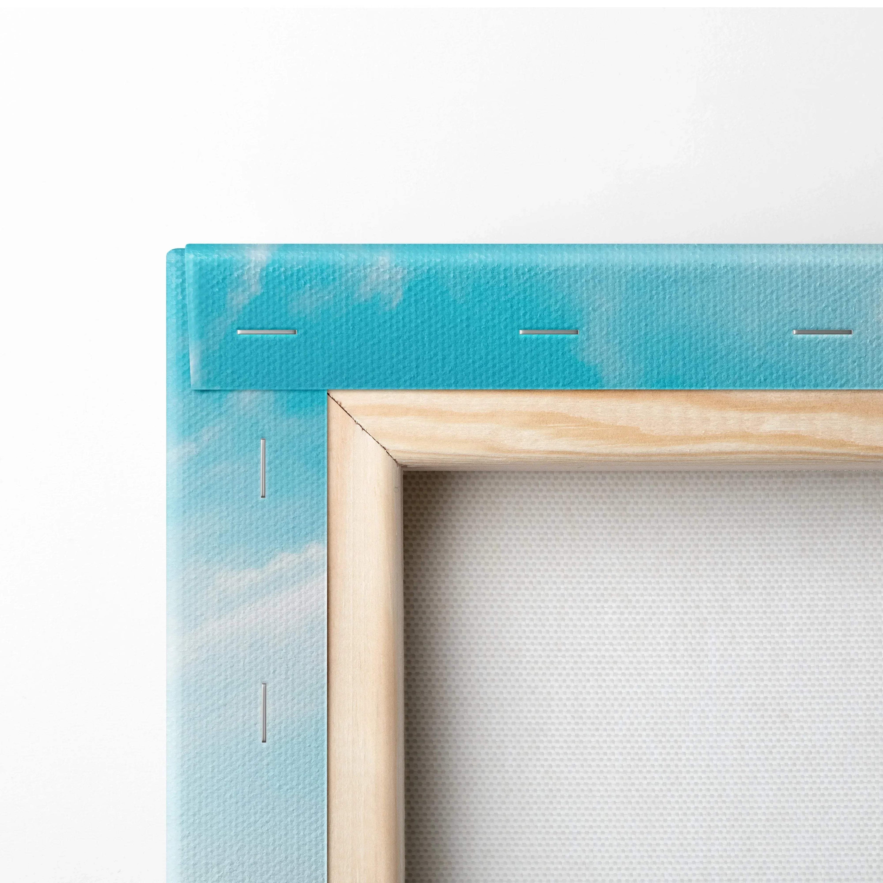 Light blue canvas wall art with white cloud details stretched over a wooden frame.