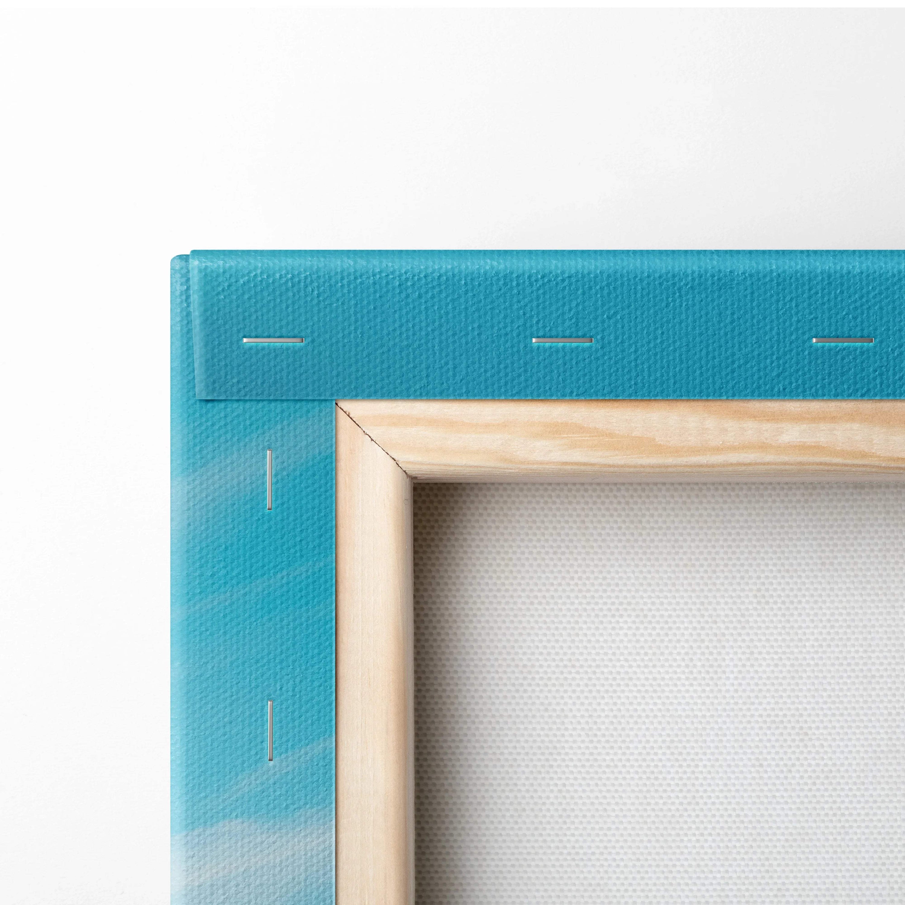 Teal canvas frame with light wood border, Riomaggiore rocky coastline art