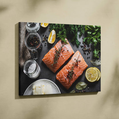 Canvas wall art featuring two raw salmon fillets on a dark surface with lemon slices and herbs.