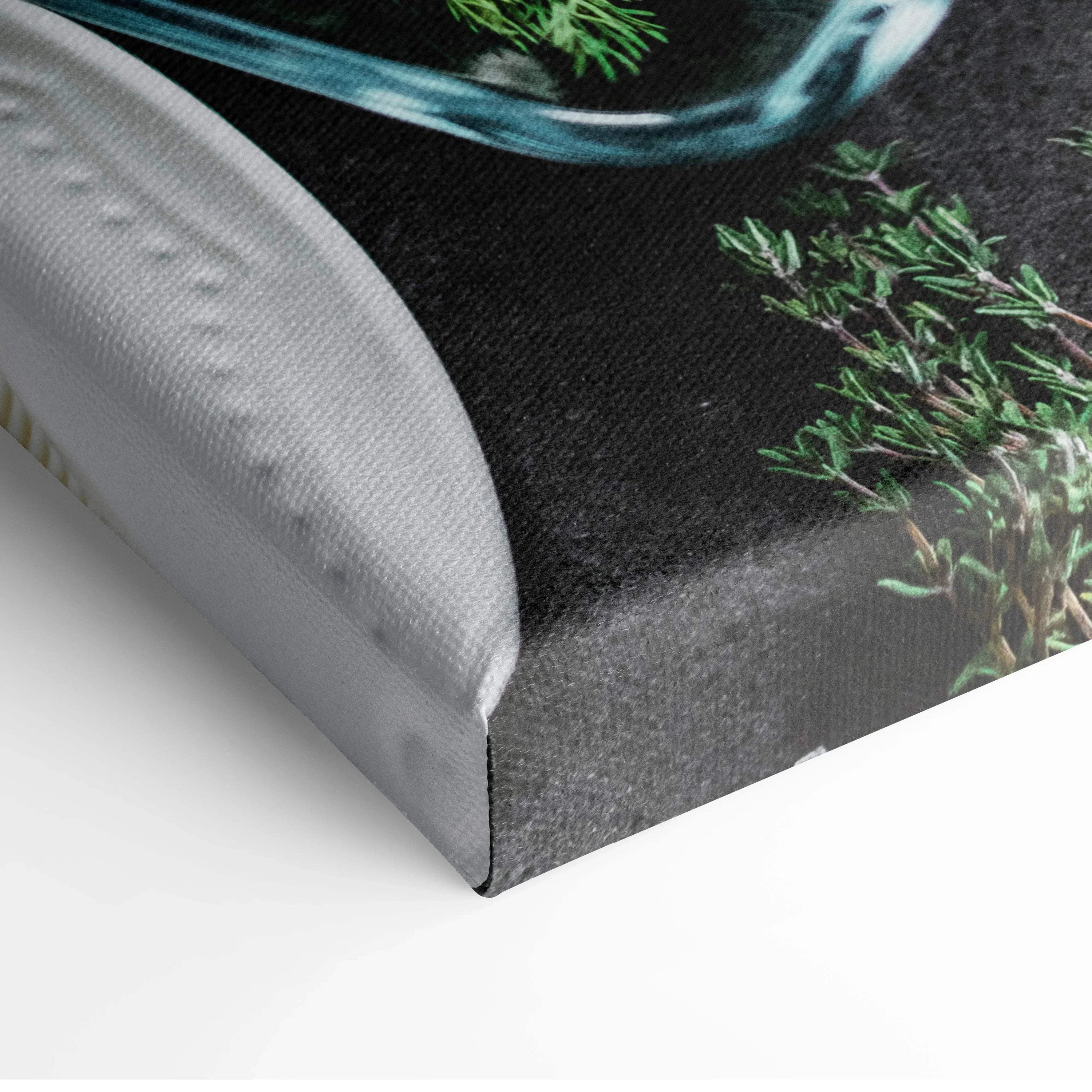 Canvas wall art featuring fresh salmon and lemons with herbs on black background decor.
