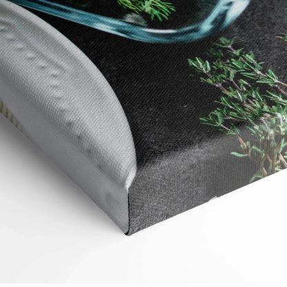 Canvas wall art featuring fresh salmon and lemons with herbs on black background decor.