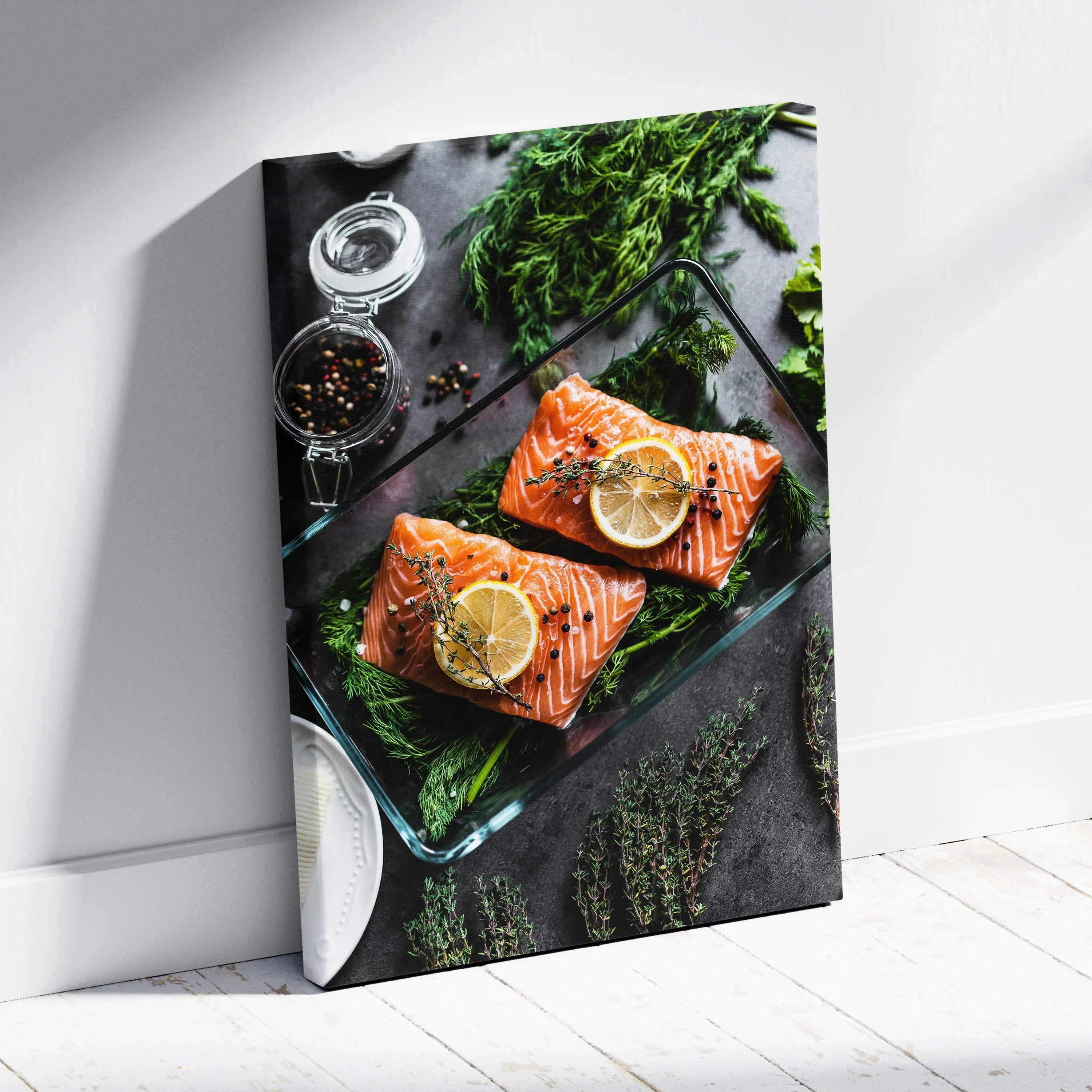 Canvas wall art featuring fresh salmon fillets with lemon slices and herbs on a dark surface, vibrant food decor.