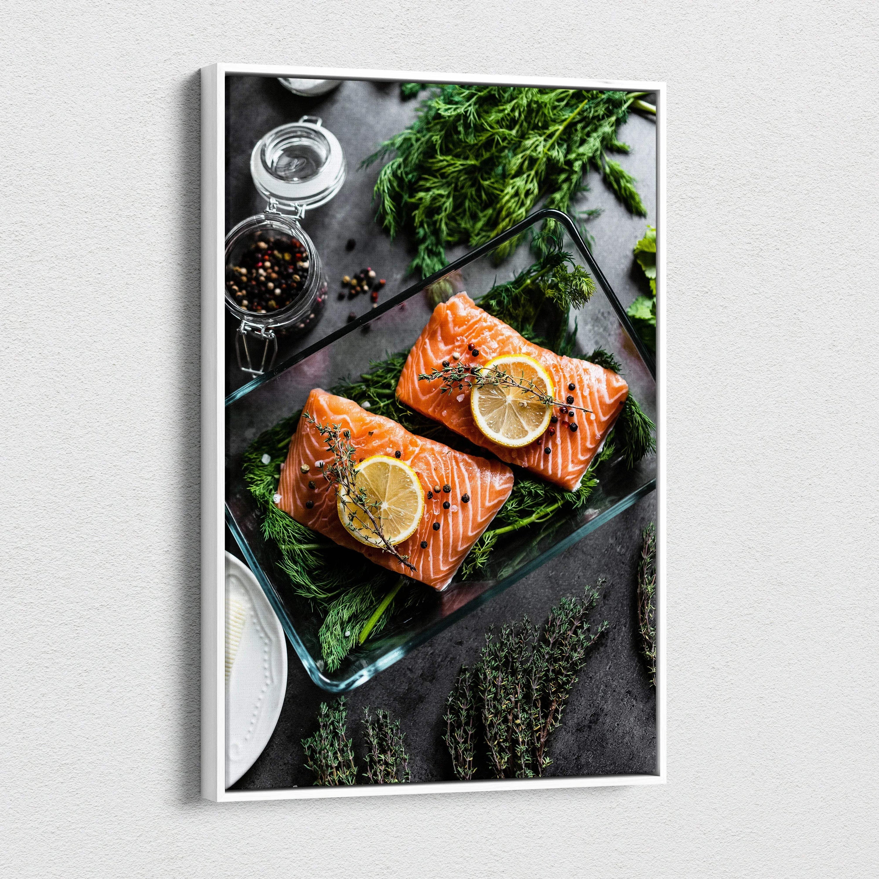 Canvas wall art featuring vibrant fresh salmon fillets topped with lemon slices and garnished with green herbs on a dark.