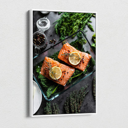 Canvas wall art featuring vibrant fresh salmon fillets topped with lemon slices and garnished with green herbs on a dark.