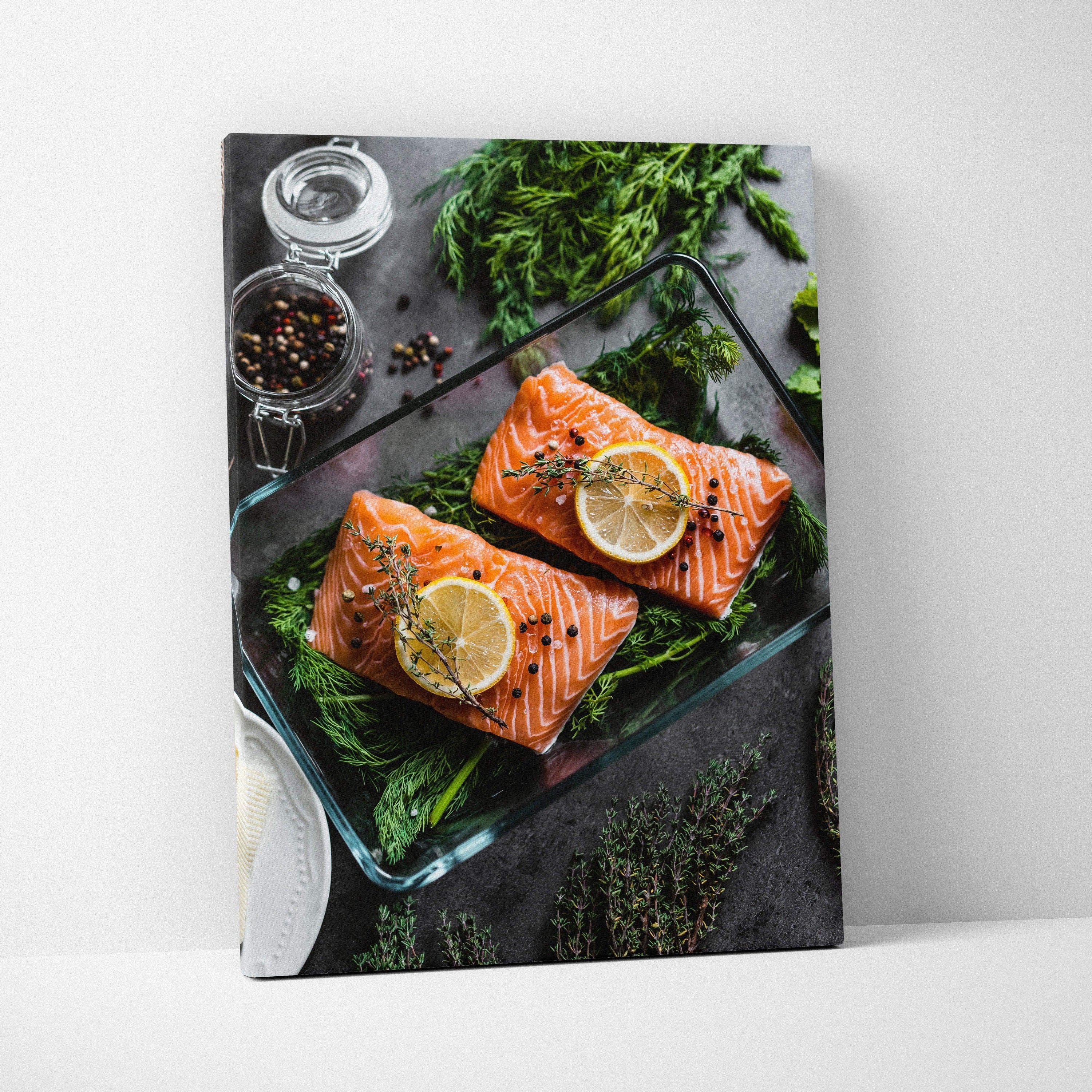 Canvas wall art featuring fresh salmon fillets garnished with lemon slices and herbs on a dark rustic background.