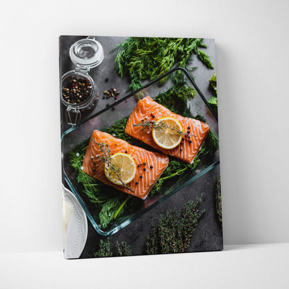 Canvas wall art featuring fresh salmon fillets garnished with lemon slices and herbs on a dark rustic background.
