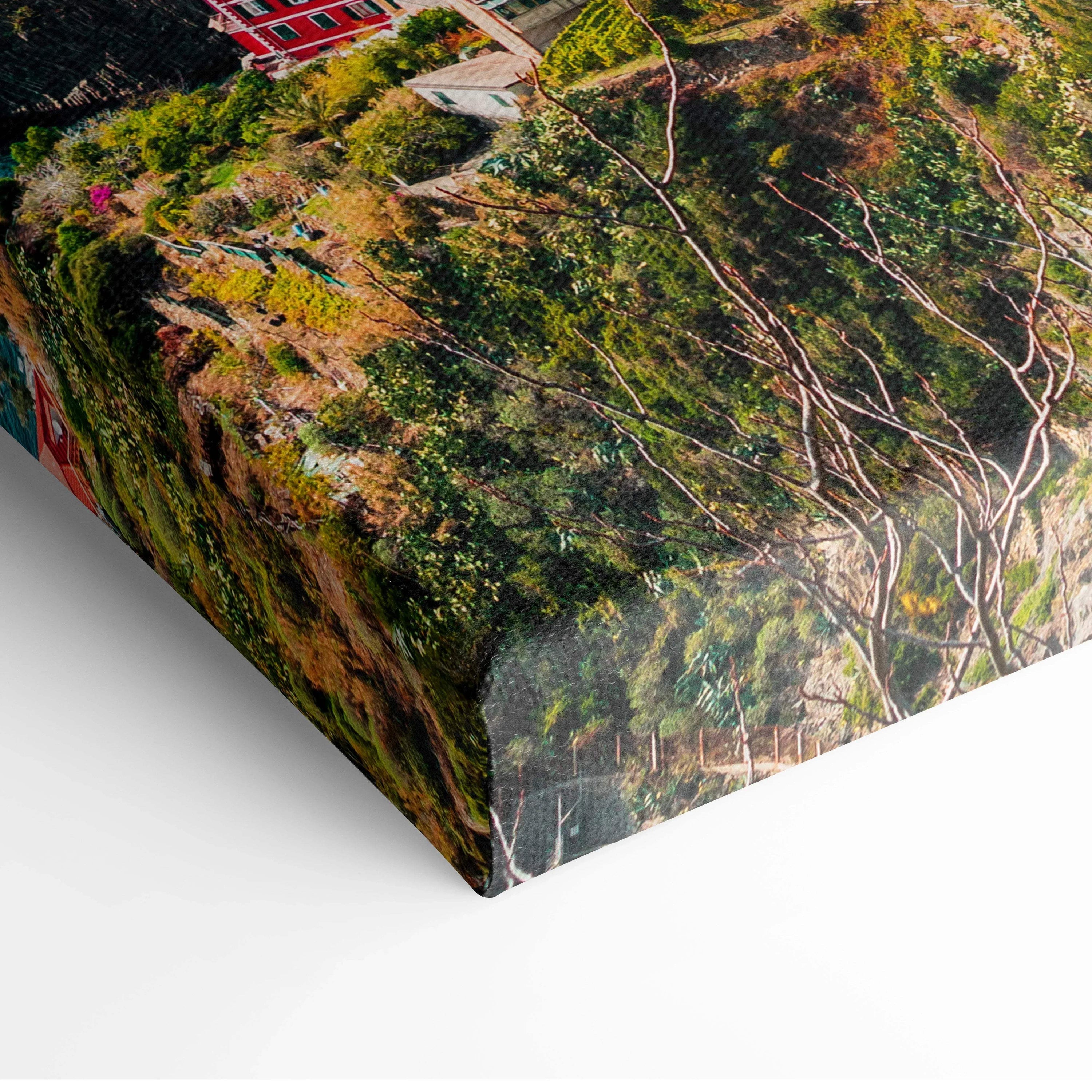 Canvas wall art print featuring colorful architectural elements and lush greenery in a detailed digital style.