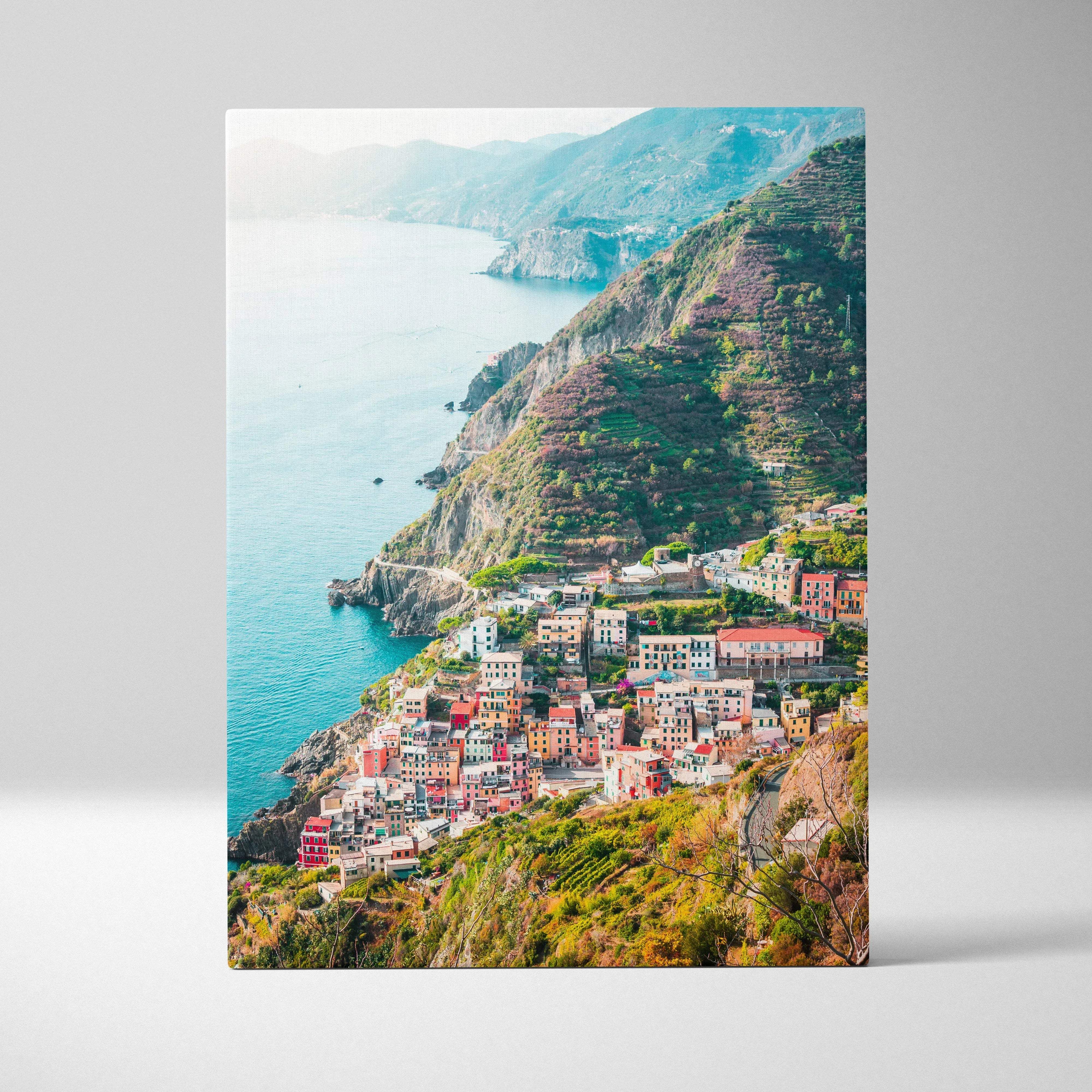 Elegant coastal italian village cliffs canvas wall art featuring vibrant colorful buildings on a steep cliffside