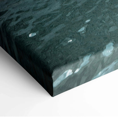 Dark-toned canvas art with textured surface and abstract architectural shapes in muted blues and grays.