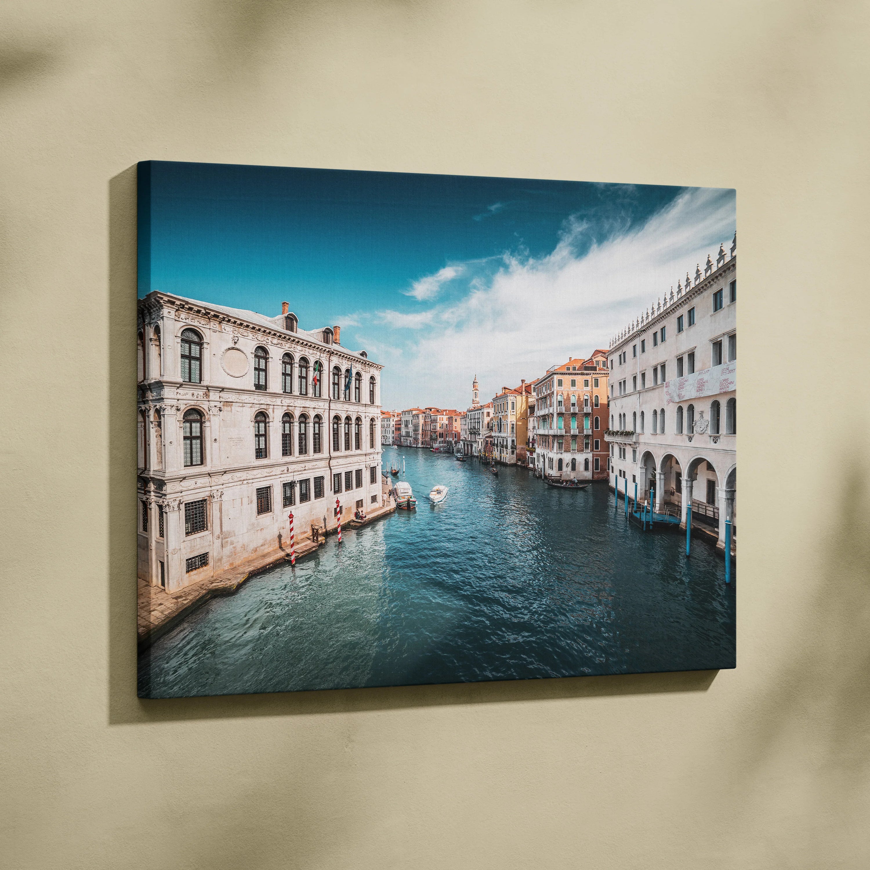 Canvas wall art depicting stunning ocean canal with classic European architecture under blue sky.