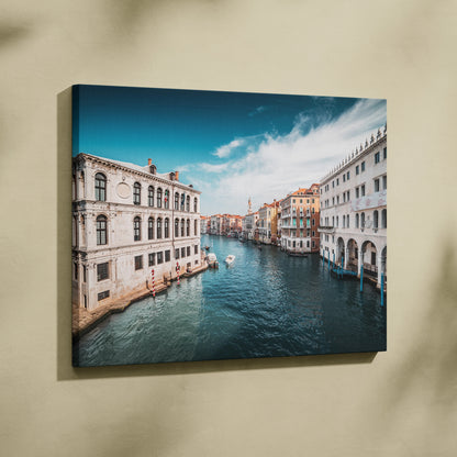 Canvas wall art depicting stunning ocean canal with classic European architecture under blue sky.
