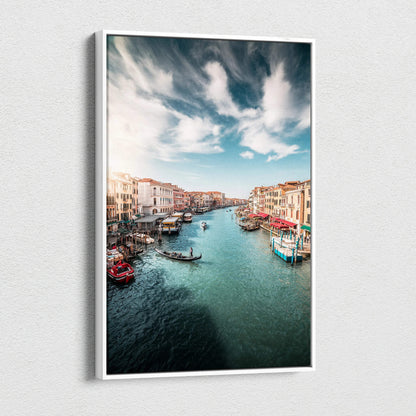 Vertical canvas wall art depicting a vibrant architecture-inspired canal scene under a dramatic sky.