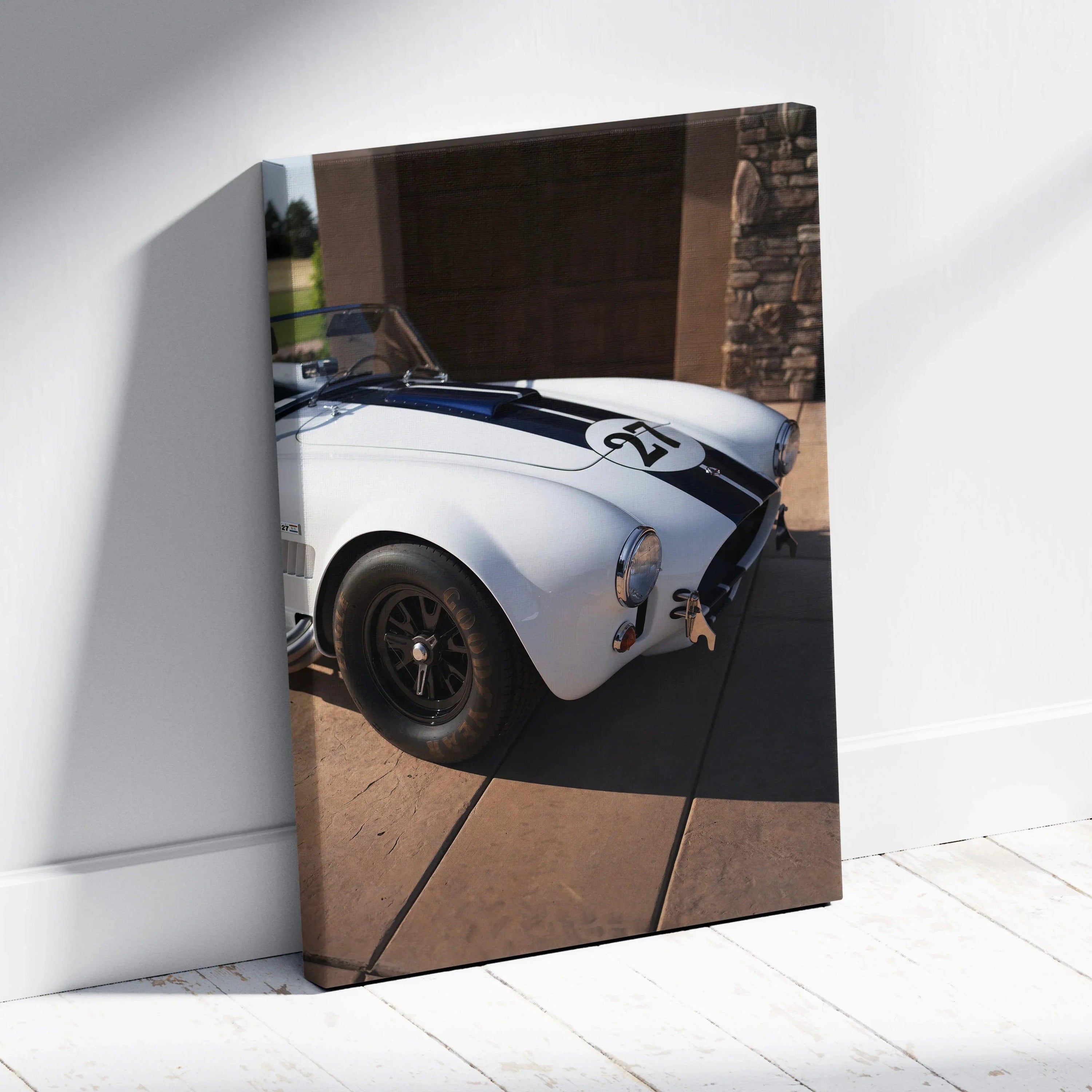 Shelby Cobra vintage race car with black stripes on vertical canvas wall art.