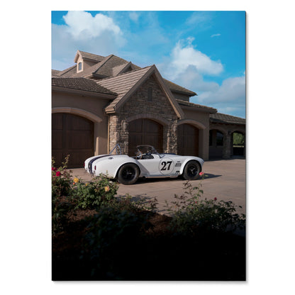 Shelby Cobra white vintage race car with number 27 parked by luxury house driveway poster wall art.