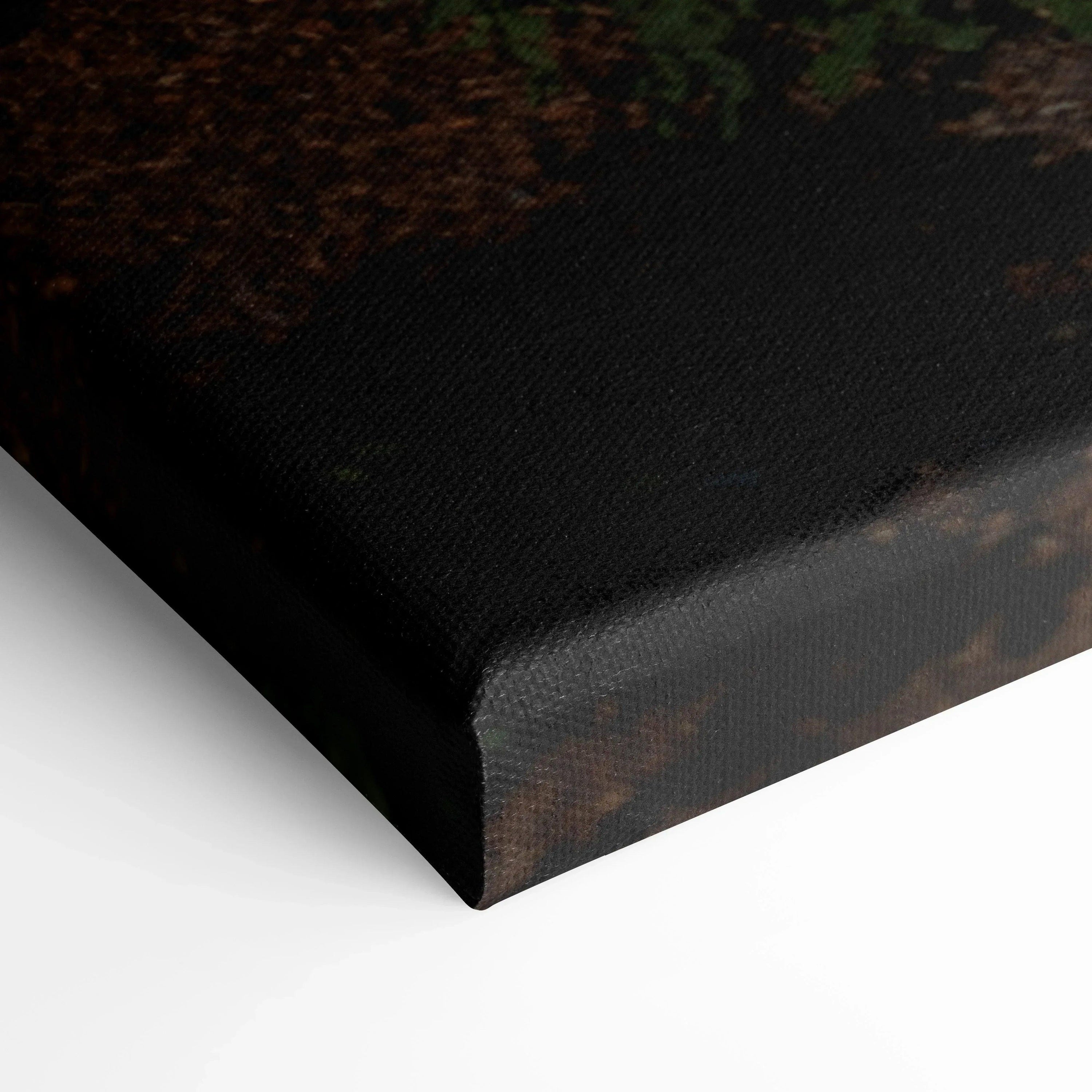 Close-up of black textured canvas corner with subtle dark brown and red tones, vertical wall art.