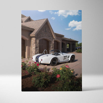 Shelby Cobra white vintage race car with number 27 on vertical canvas wall art.