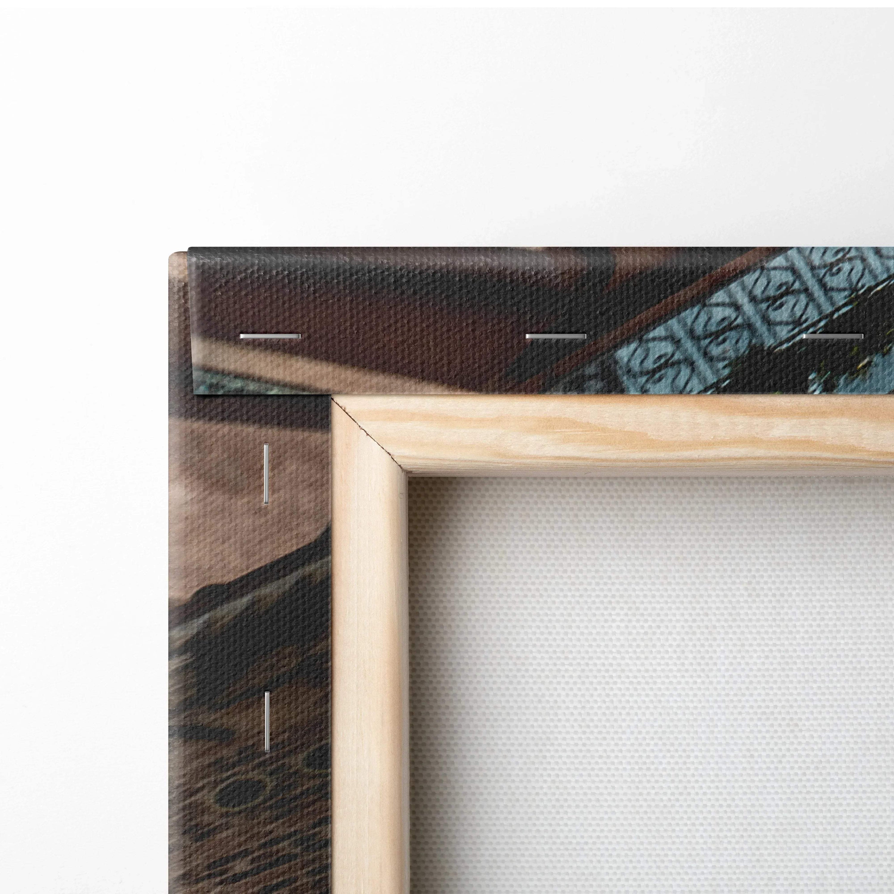 Close-up of wooden-framed canvas wall art with detailed texture on a high-resolution architectural digital print.