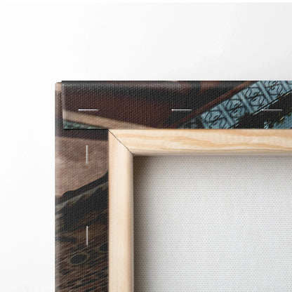 Close-up of wooden-framed canvas wall art with detailed texture on a high-resolution architectural digital print.
