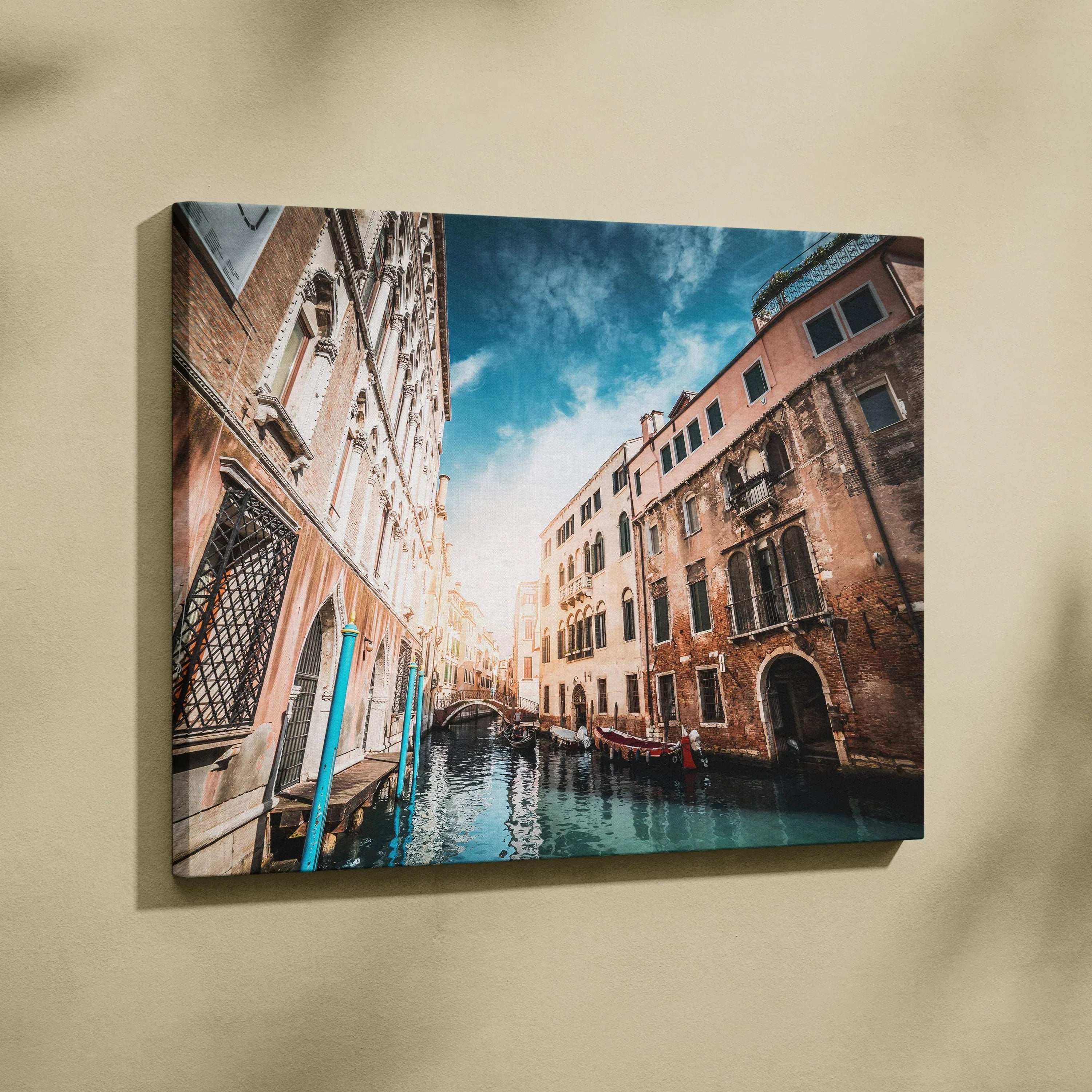 Canvas wall art featuring high-resolution digital architecture of Venice canal buildings under a blue sky.