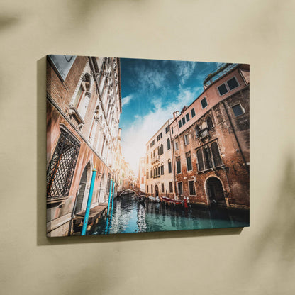 Canvas wall art featuring high-resolution digital architecture of Venice canal buildings under a blue sky.