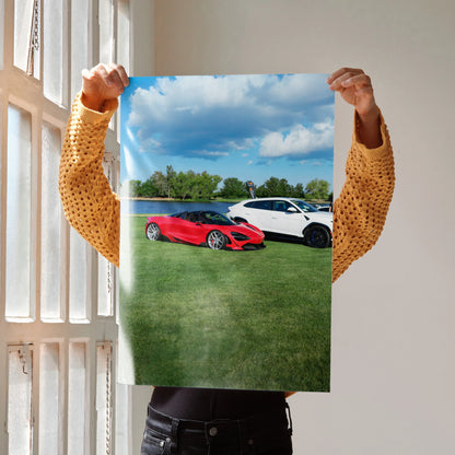 McLaren 720S and white sports car on grass with blue sky poster wall art.