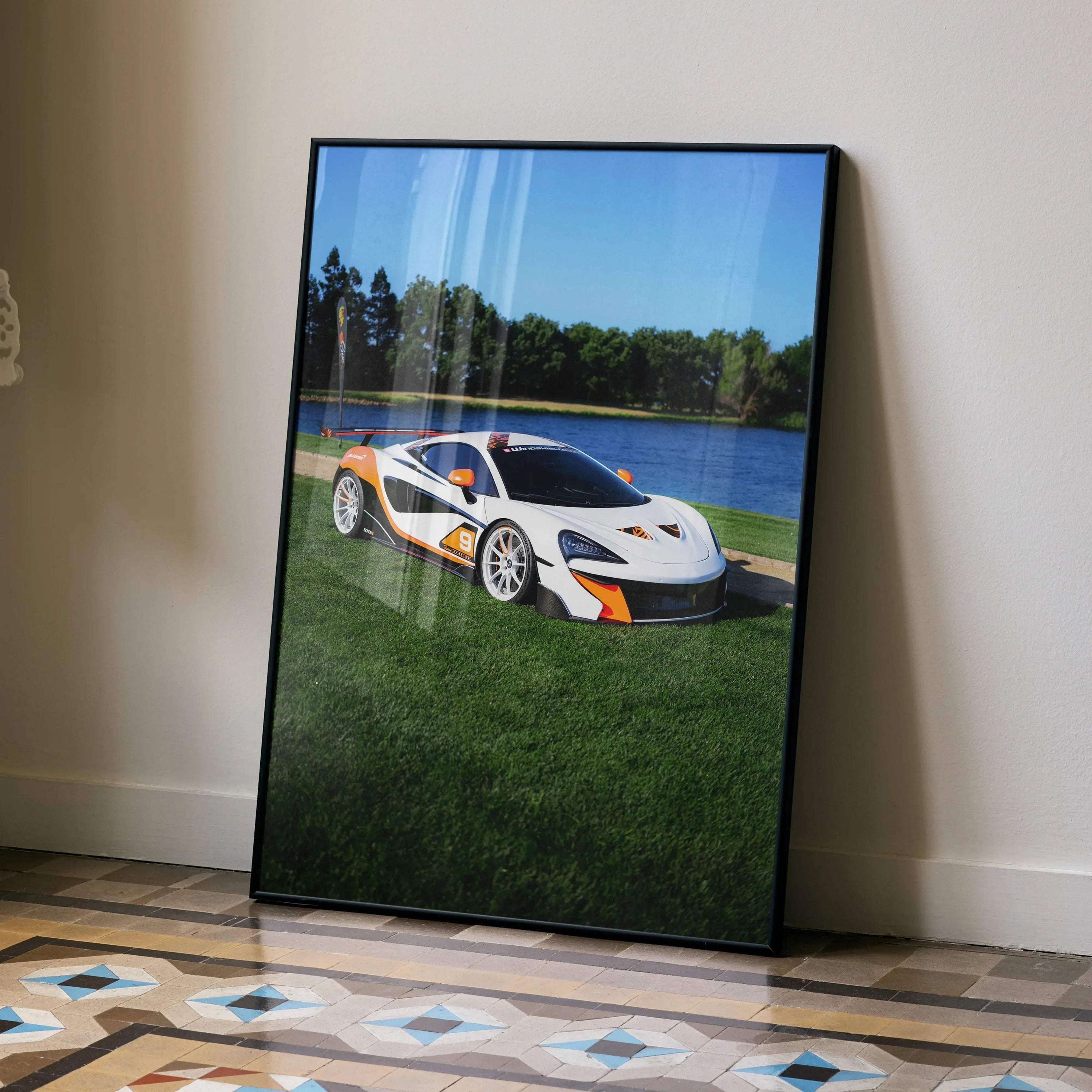 McLaren 570S high-resolution poster wall art featuring a white sports car on green grass by a lake.