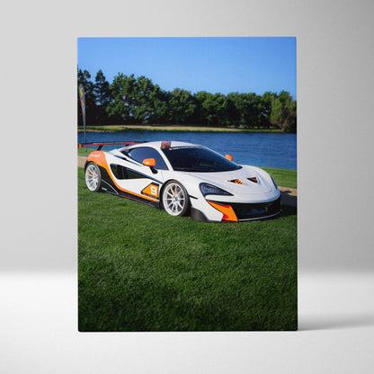 McLaren 570S racing car on grass by lake, vibrant wall art canvas print.